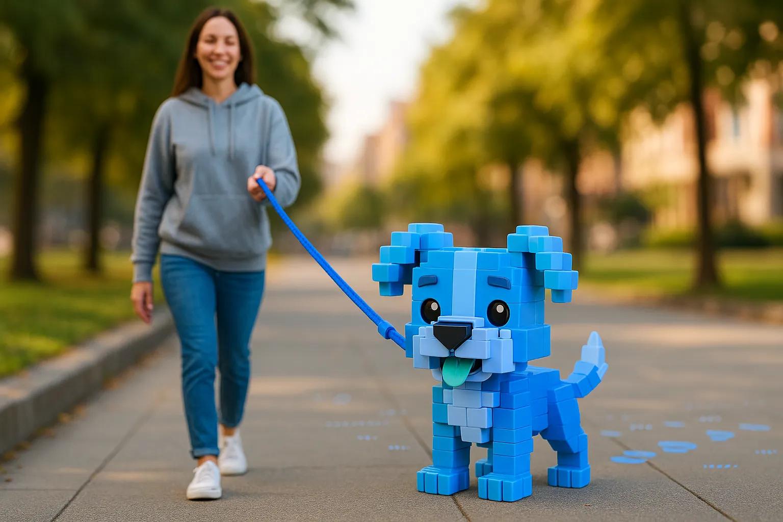 Woman walks gamified dog on blue leash to represent Daiko