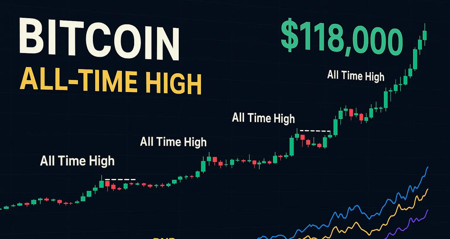 Bitcoin price chart showing repeated new all-time highs towards $118,000