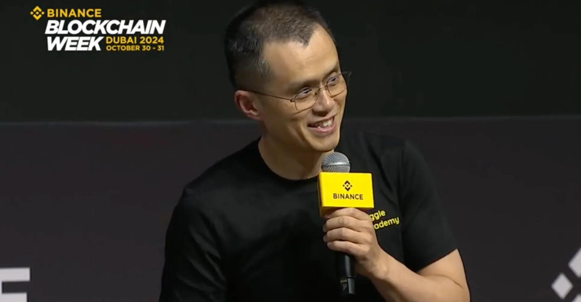 Former Binance CEO Changpeng Zhao speaking on stage at Binance Blockchain Week Dubai 2024