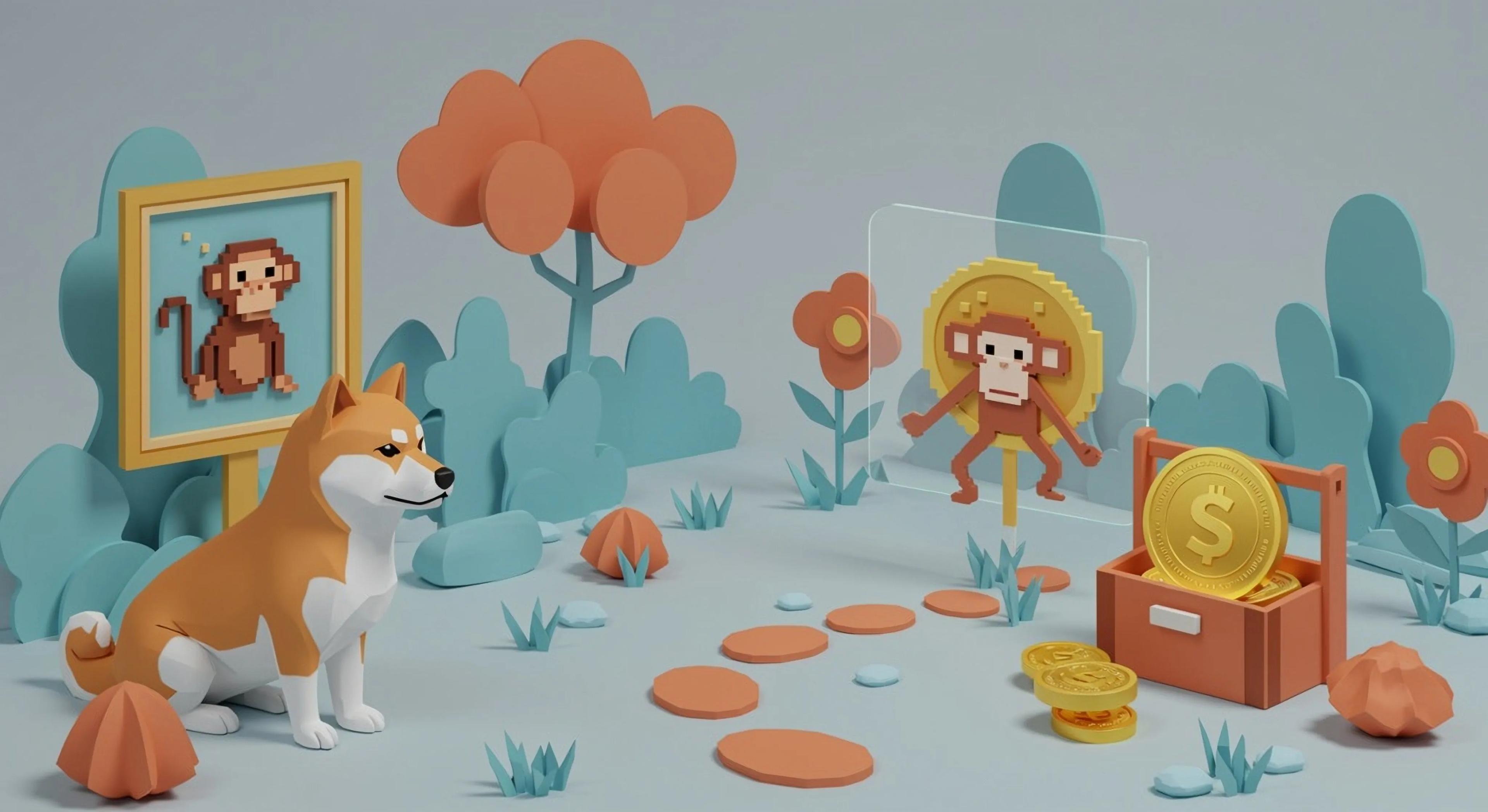 A cartoon crypto zoo with money coins and Shiba Inu