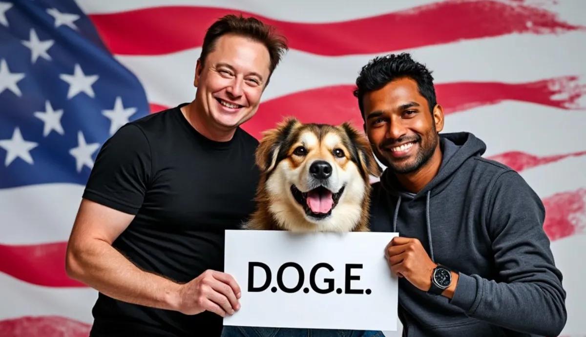 AI-generate image of Elon Musk, Donald Trump, and a dog