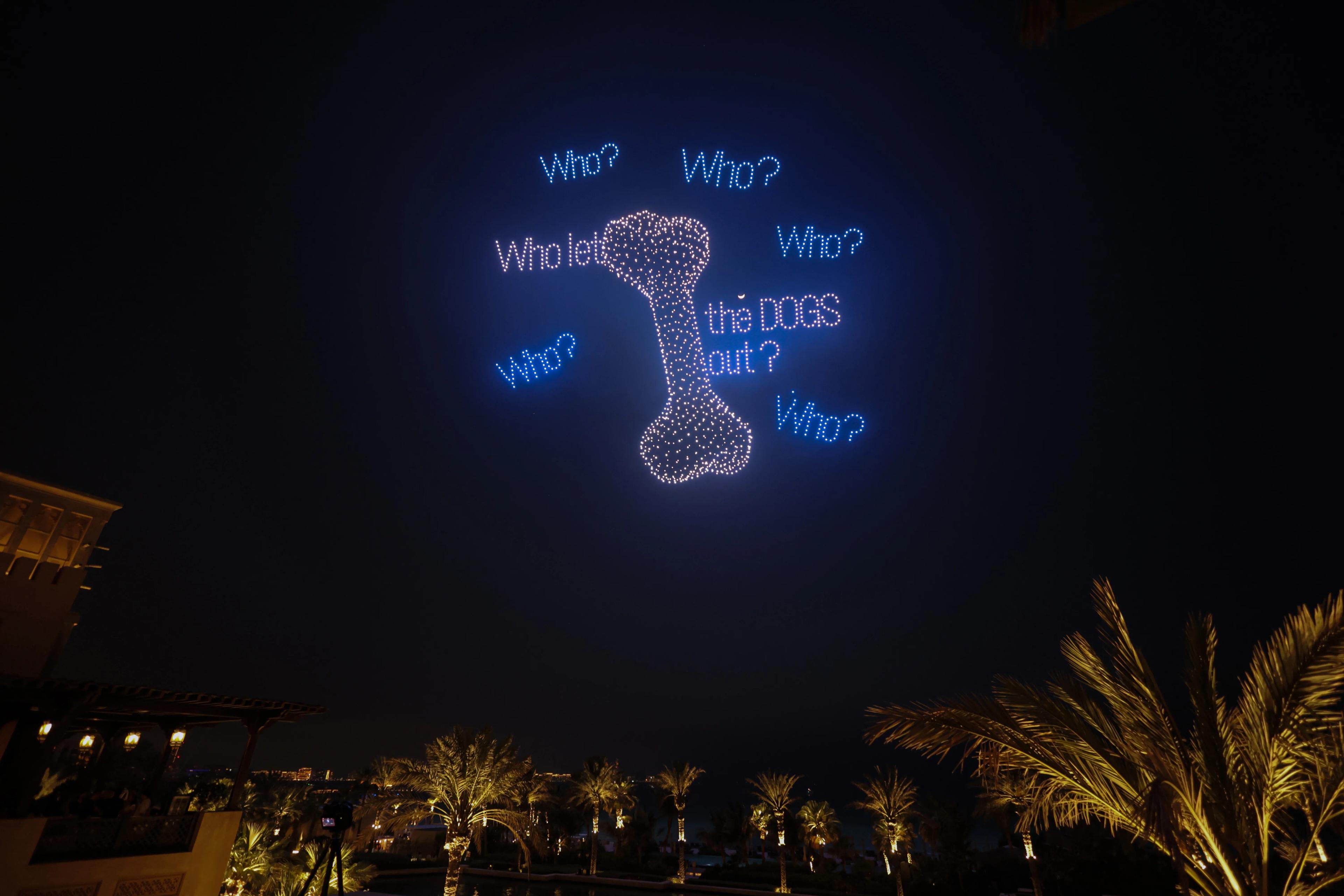 Telegram memecoin DOGS on TON blockchain logo made in drones over Dubai