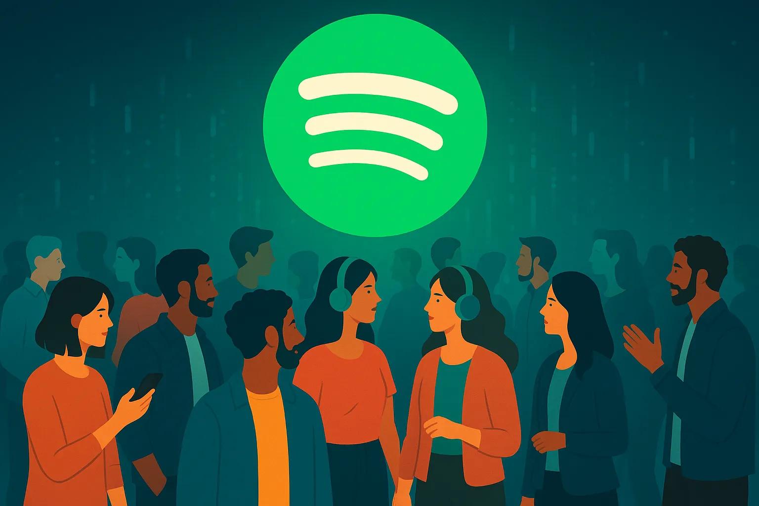 Spotify logo and a crowd of people mingling