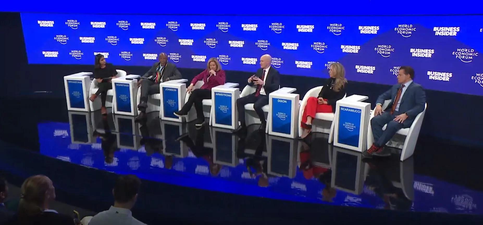 Spriha Srivastava, Lesetja Kganyago, Jennifer Johnson, Brian Armstrong, Denelle Dixon, and Anthony Scaramucci on a panel about crypto at 2025 World Economic Forum in Davos