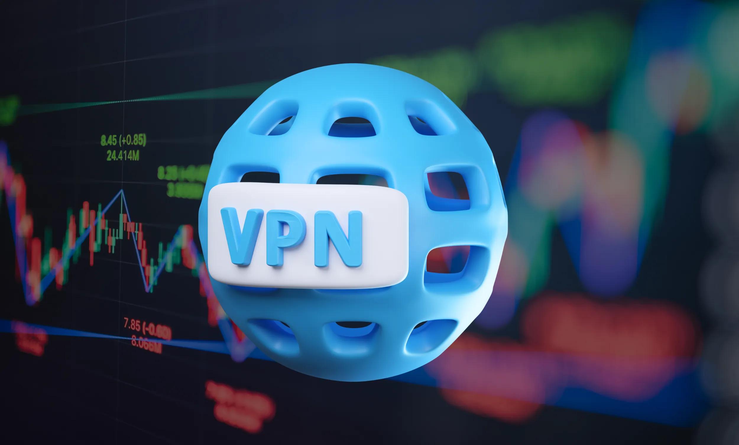 VPN logo in front of a computer screen showing charts