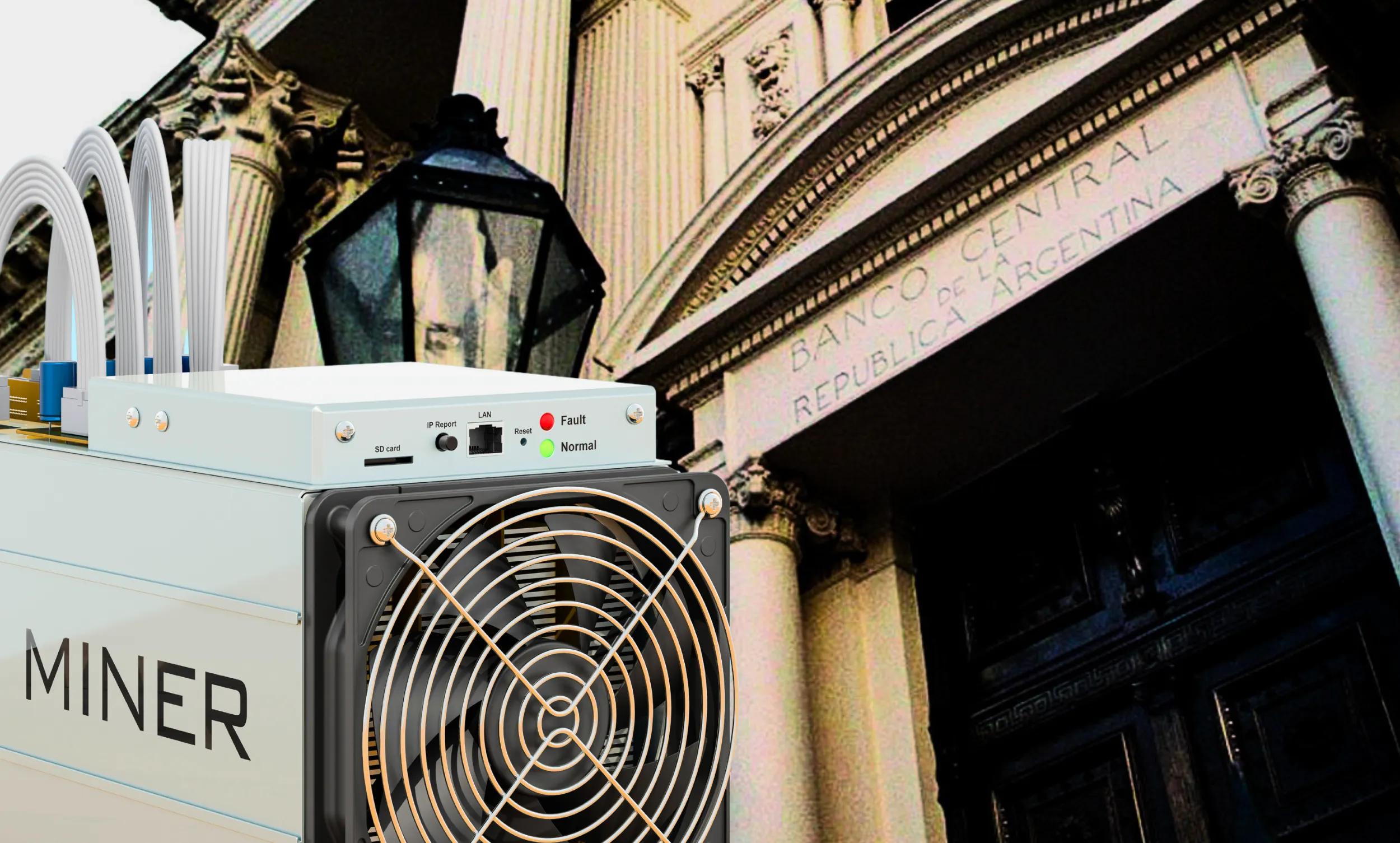 Composite image of Argentina's Central bank and Bitcoin mining equipment