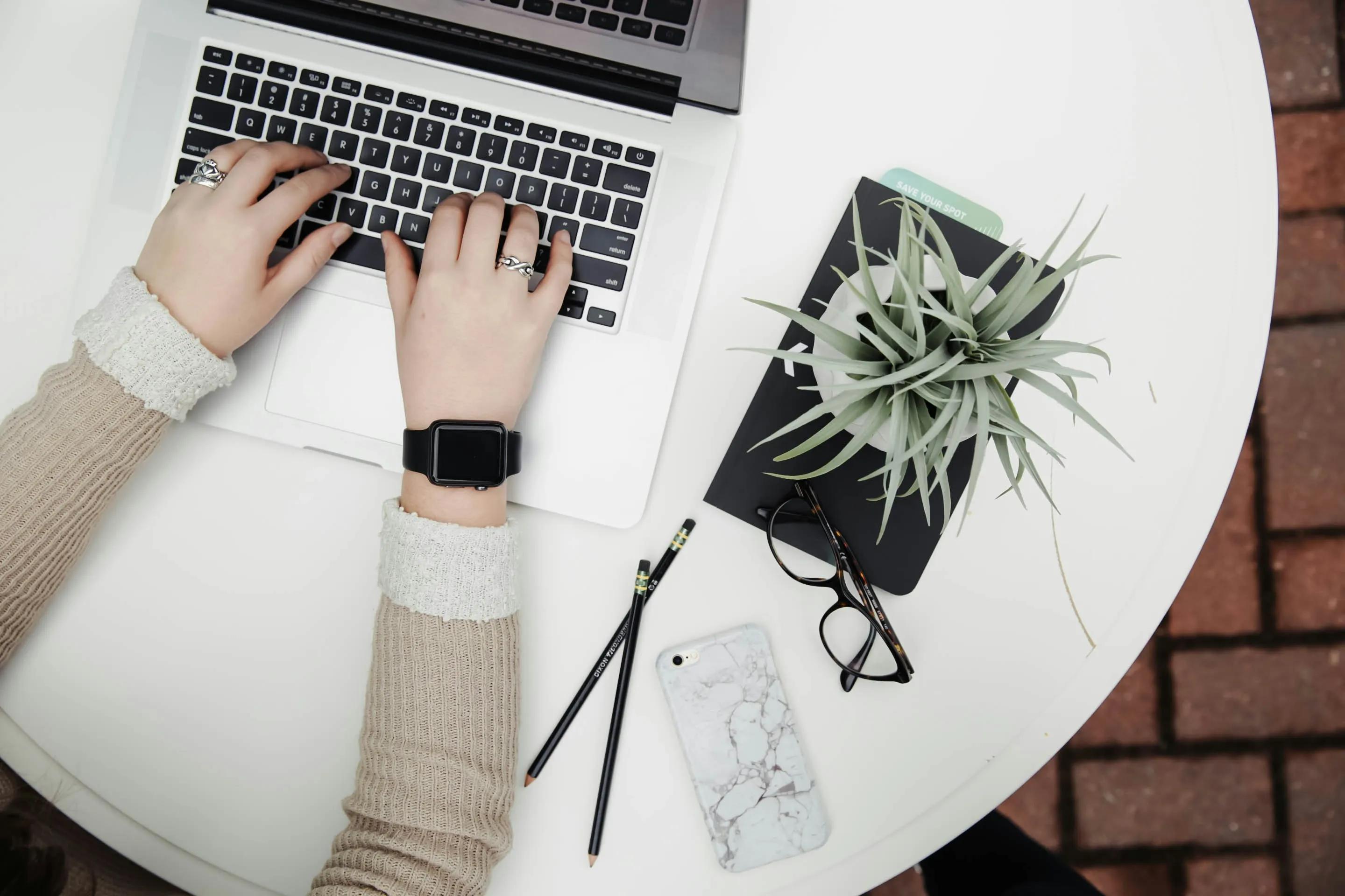 Person working at a computer with relaxing vibe, plant on desk
