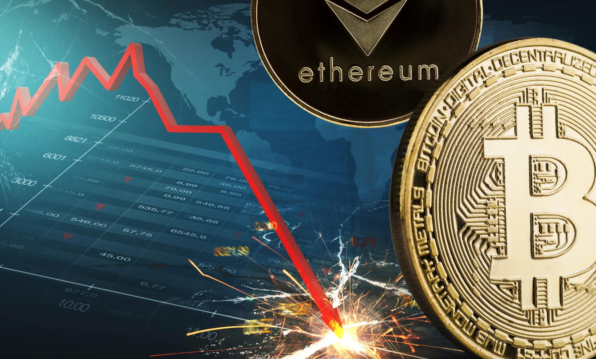 Composite image of an arrow pointing down alongside cryptocurrency coins