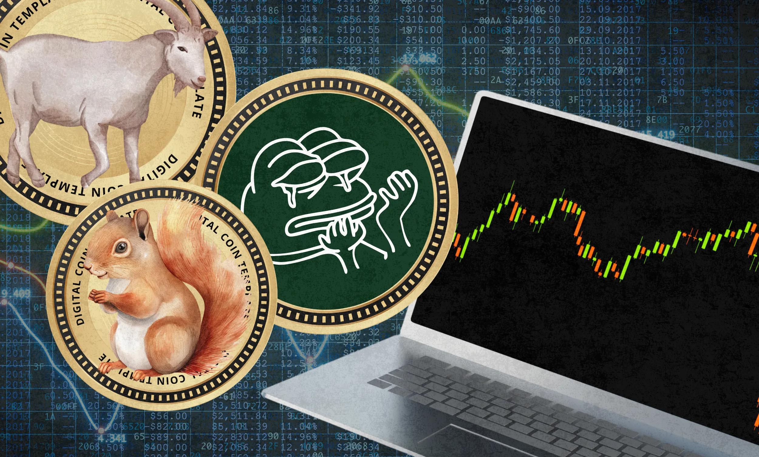 Composite image of a laptop, GOATUS MAXIMUS meme goat, PEPE frog meme and PNUT squirrel meme