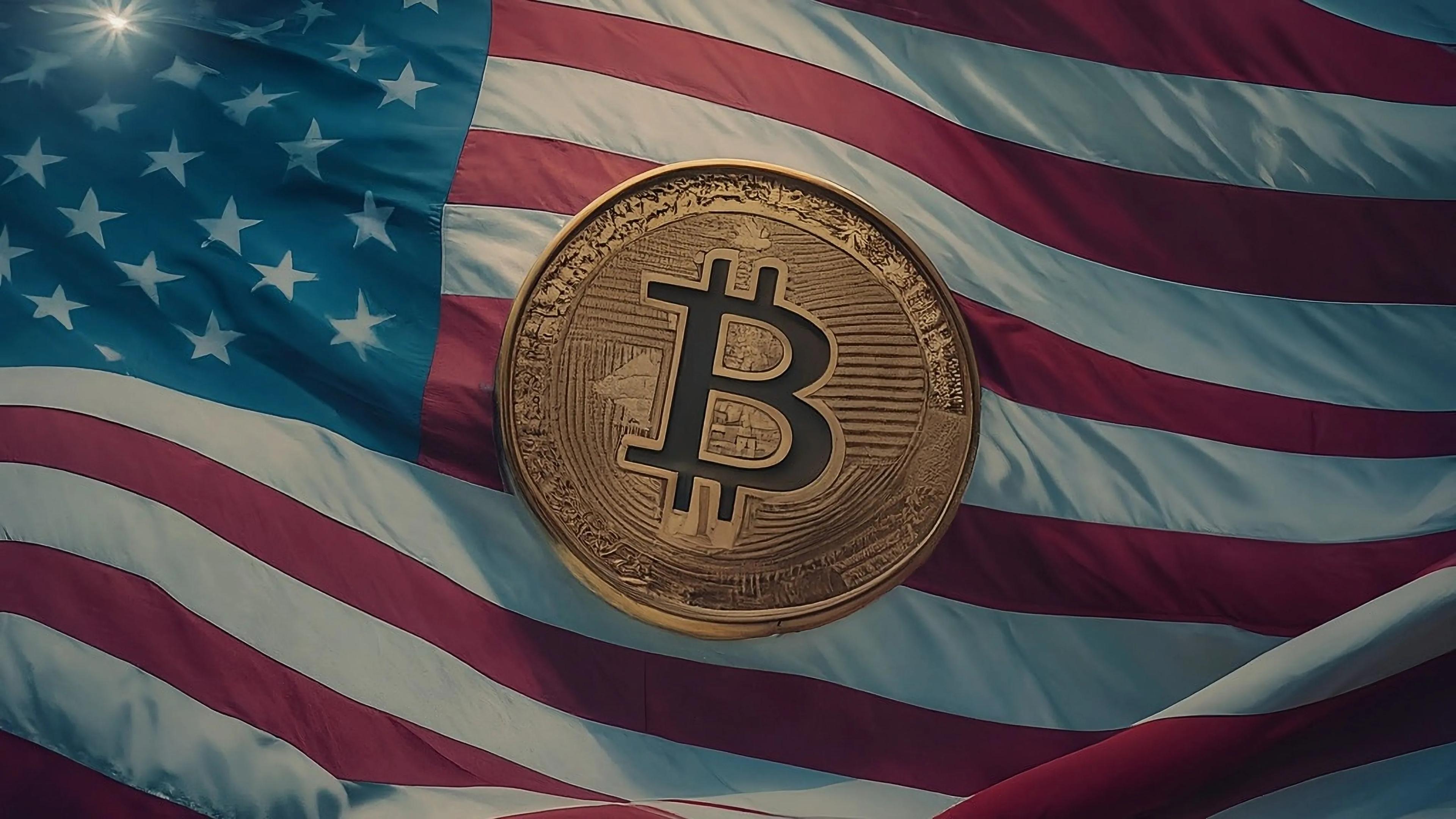 Bitcoin in front of an American flag