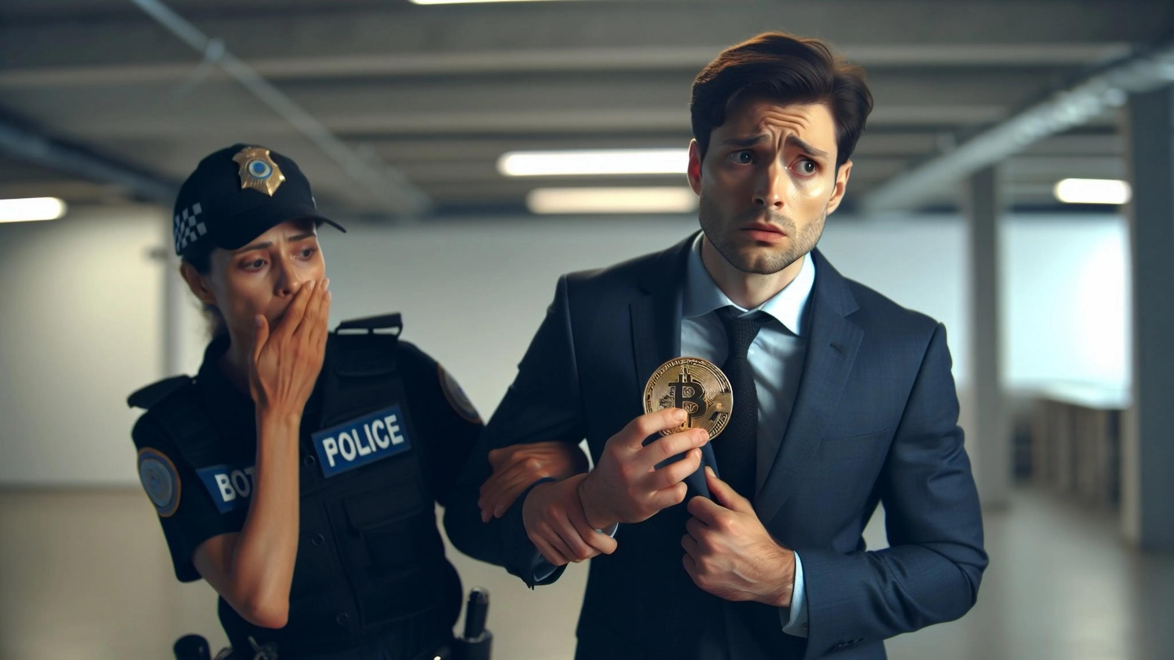 Policewoman arresting a man holding Bitcoin
