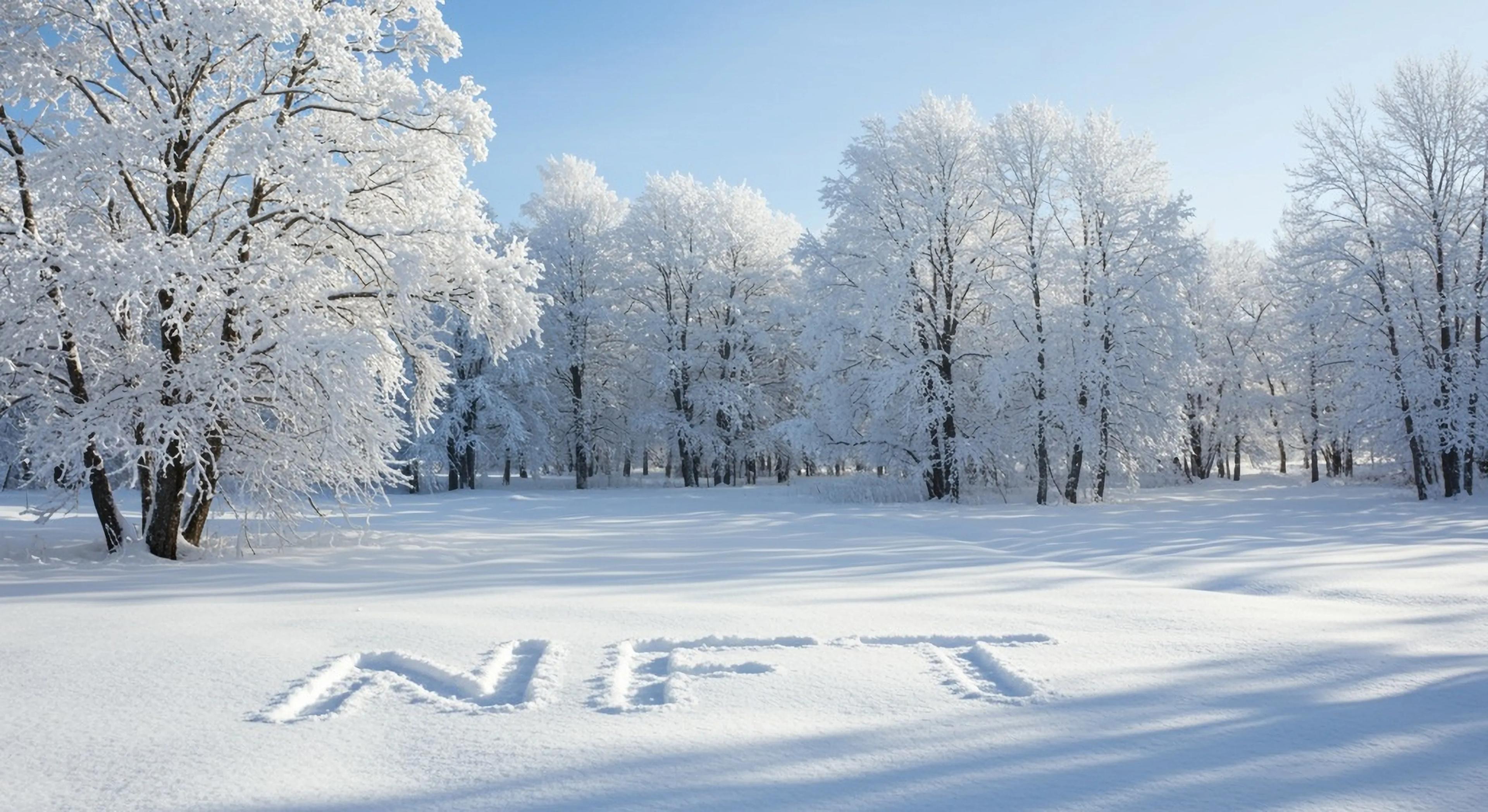 NFT (nonfungible token) written in the snow on the ground surrounded by winter landscape and snowy trees