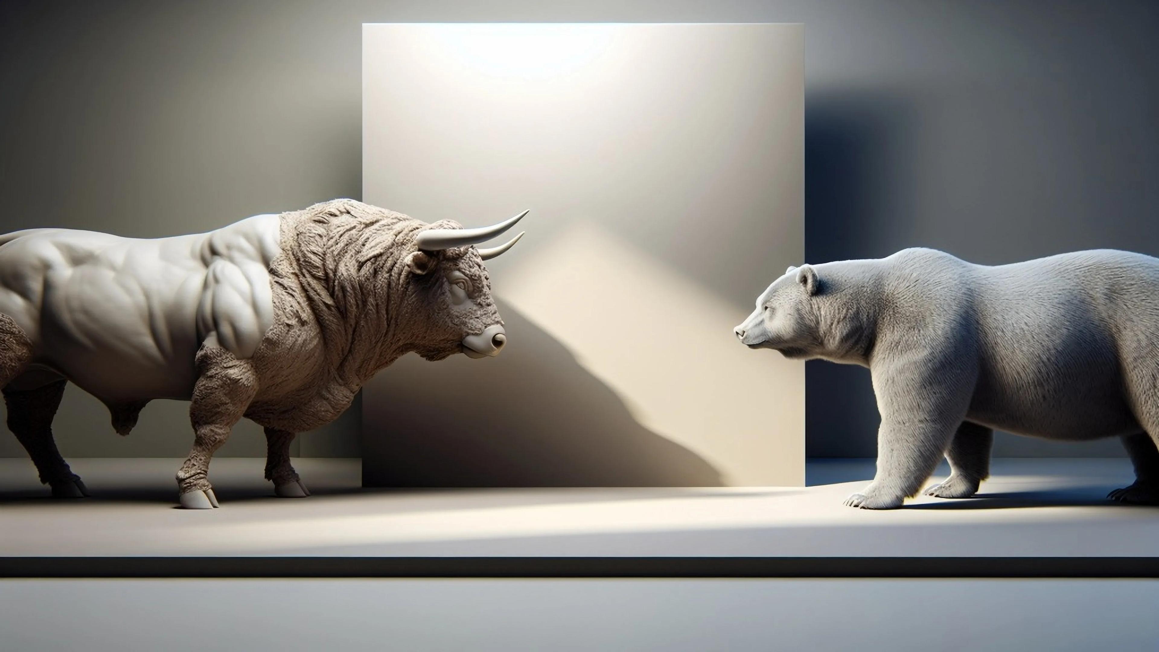 Models of a bull and a bear facing each other against a white background