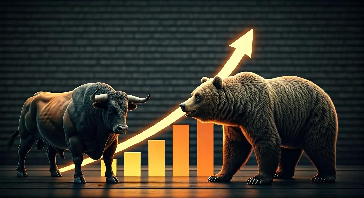 A bull and bear with a chart behind showing an upward trajectory behind the bear