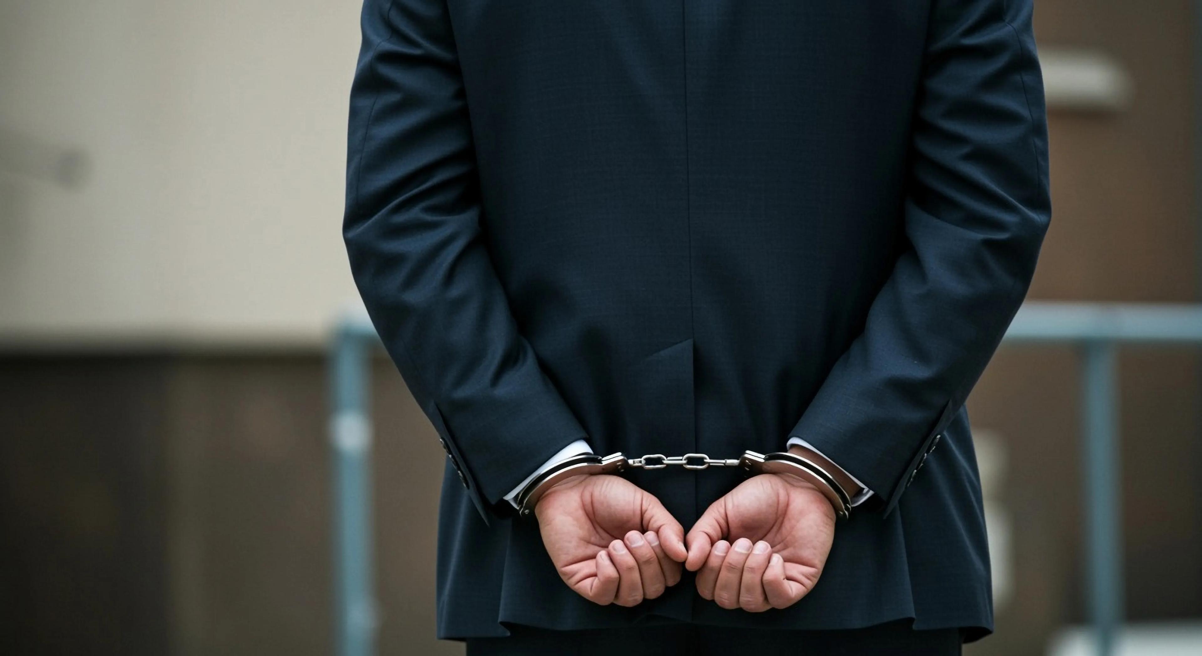 Arrested man in suit wearing handcuffs
