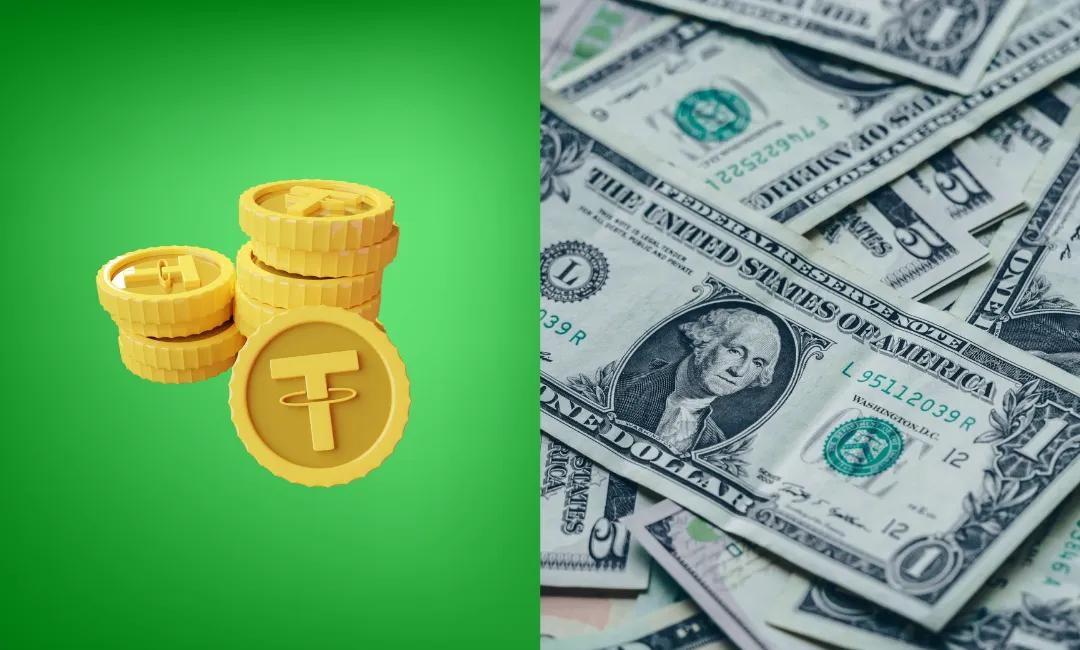 The USDT Tether logo alongside a pile of US dollars
